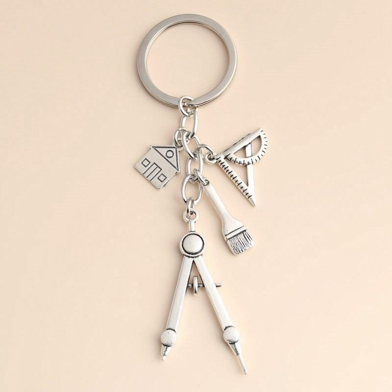 Compass Keychain Mini - Gantungan Kunci Perak Multifungsi Penggaris Segitiga
