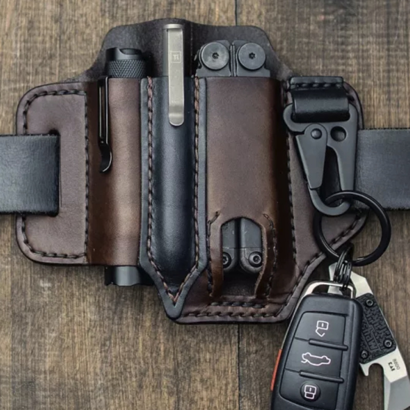 Edc Carry Belt Leather - Sarung Multitool Taktis Kulit Asli, Sarung